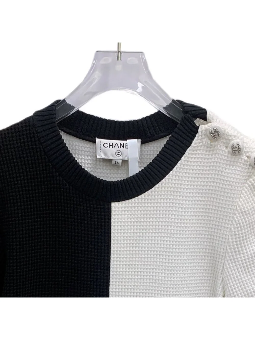 Chanel 21C Black & White Color-Block Cotton Button Detail T-Shirt